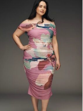 Anthropologie Loretta Off-Shoulder Mesh Slim Midi Dress Sz XL Light Purple NWT